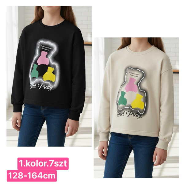 Bluzki dziewczęce Roz 128-164, 1 kolor Paczka 7 szt 1